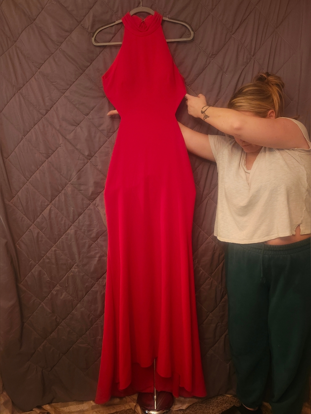 Avery Crimson High-Low Halter Gown